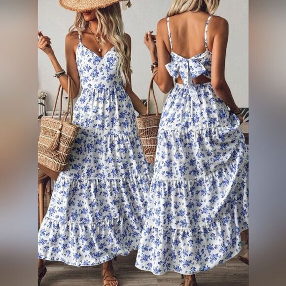 SHEIN Dresses & Skirts - Blue Floral Spaghetti-Strap Maxi Dress, Open Back, Medium Size